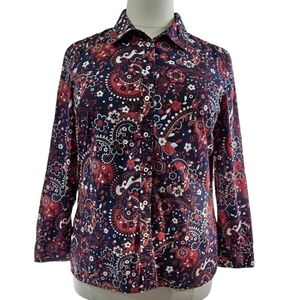 Talbots 100% Cotton Blue Red White Floral Paisley Button-Up Shirt Patriotic